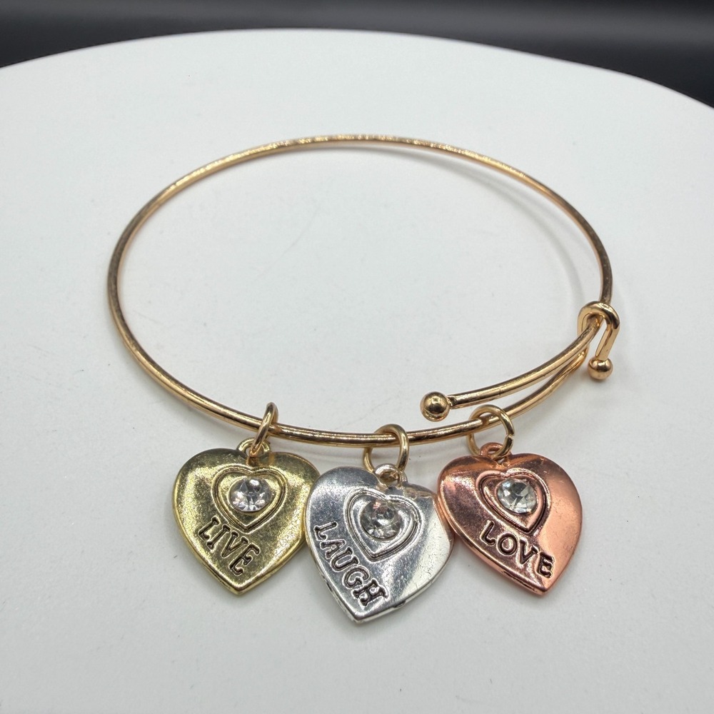 Gold Tone Live Laugh Love Heart Charm Rhinestone Hook Bangle Bracelet Jewelry